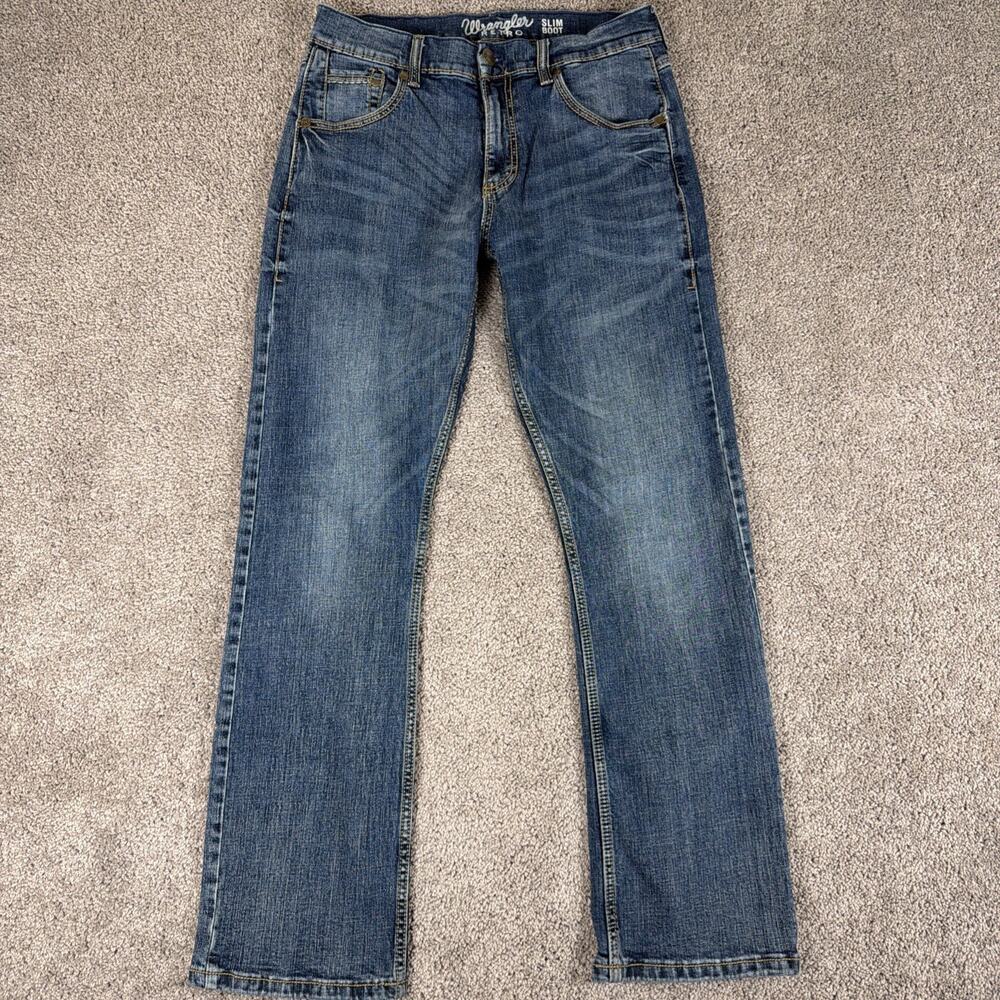 Wrangler Retro Jeans Mens 32x32 Whiskered Blue Slim Boot Denim Western Workwear